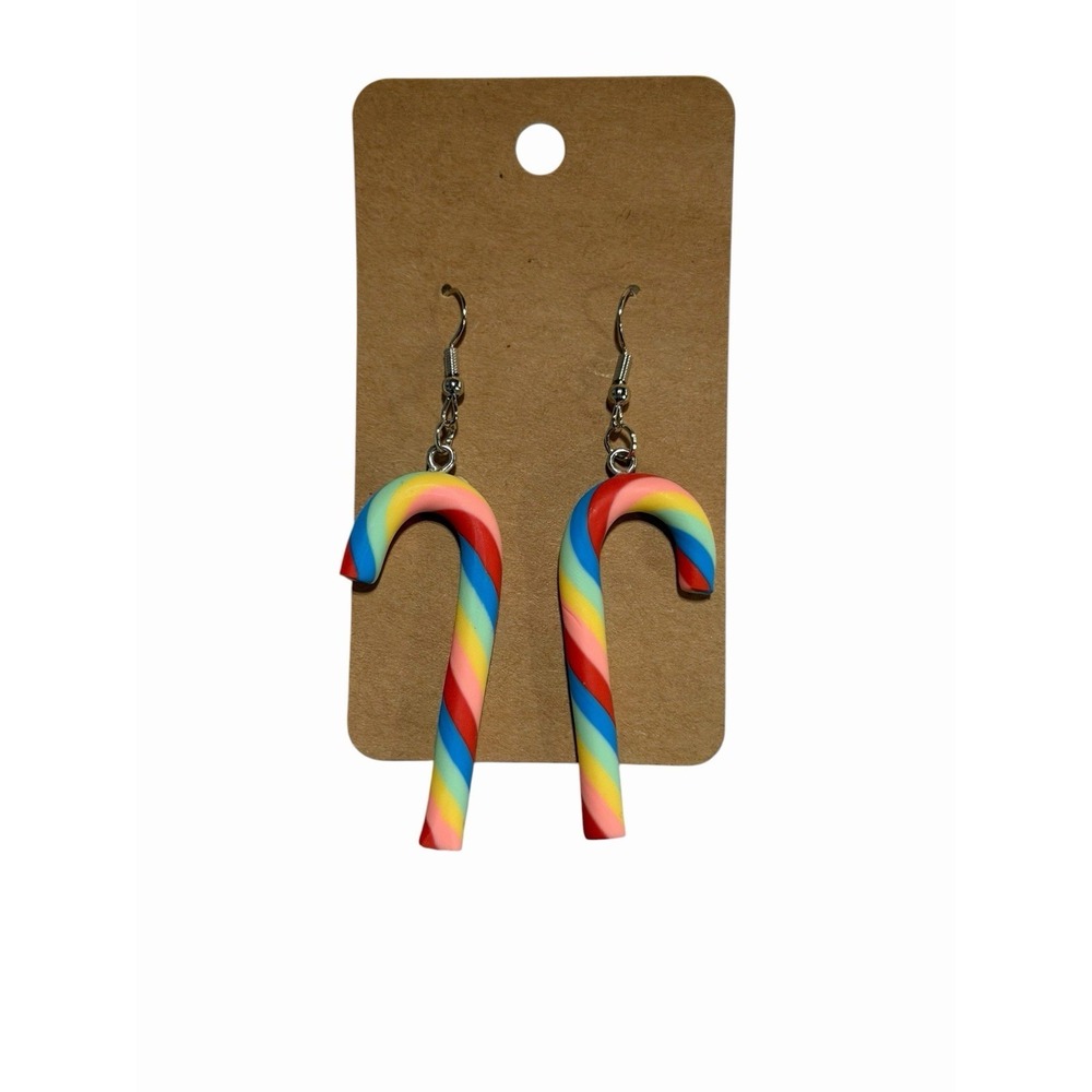 Rainbow Candy Cane Drop Earrings Holiday Christmas‎ Multicolor Swirl Dangle